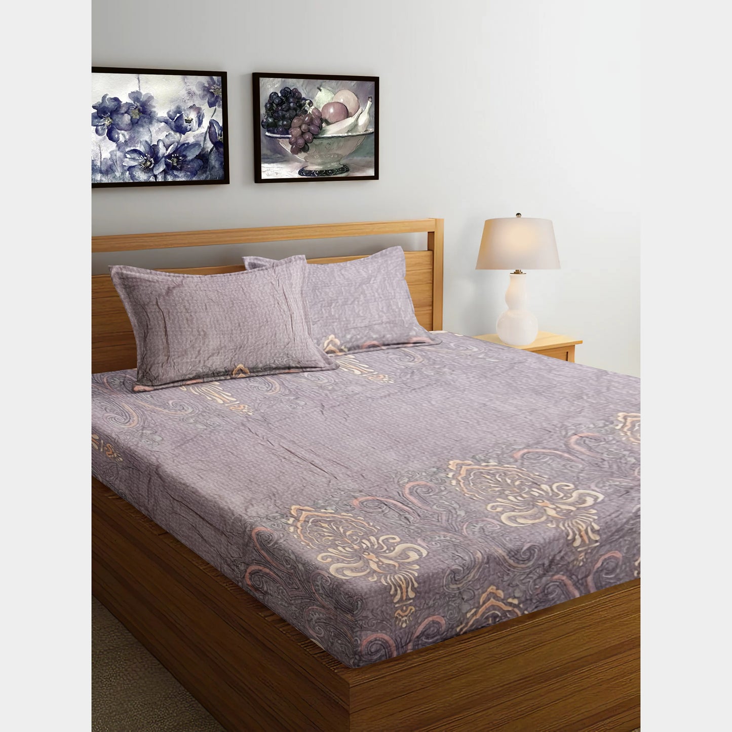 Fitted Bedsheet Set Pure Cotton 3 Piece set Large Royal Pillars on Purple