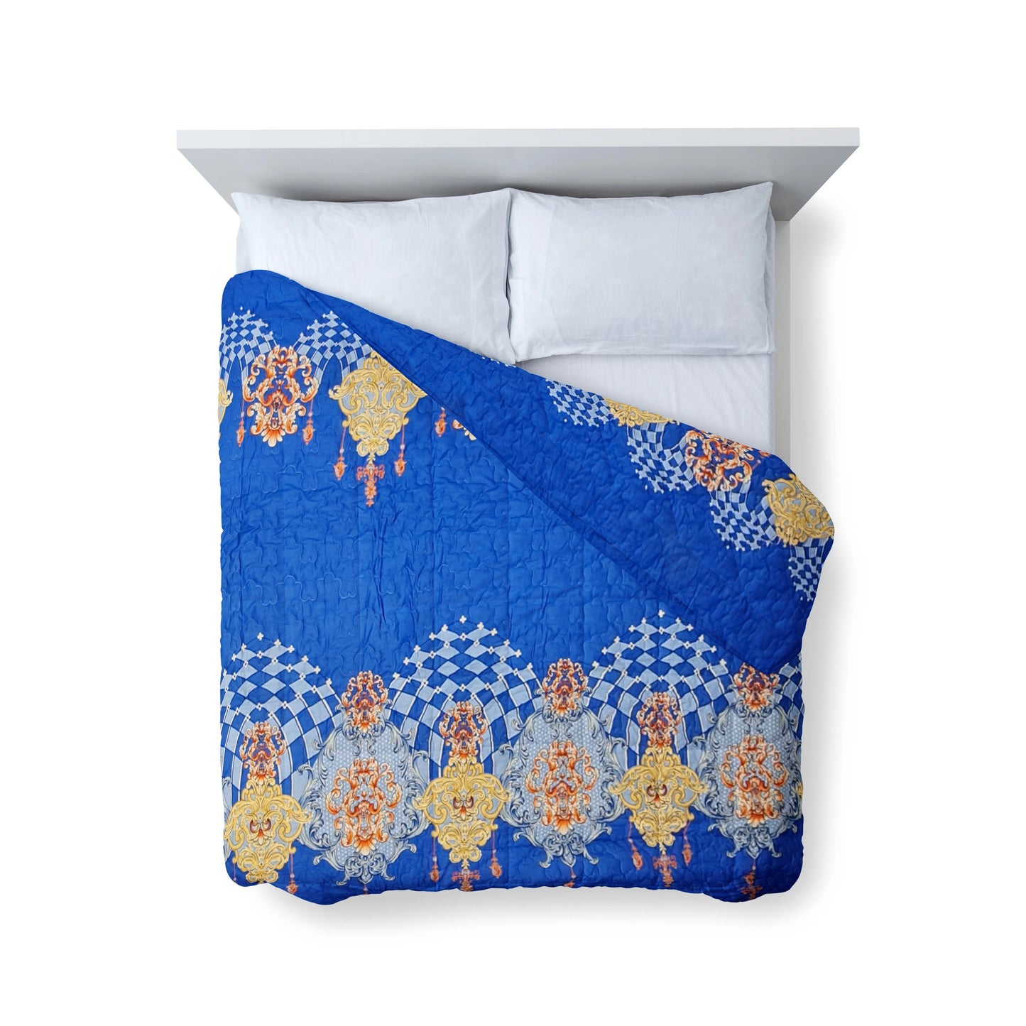 All Weather Quilted Comforter Set Soft and Plush Large Royal Lantern Print on Blue