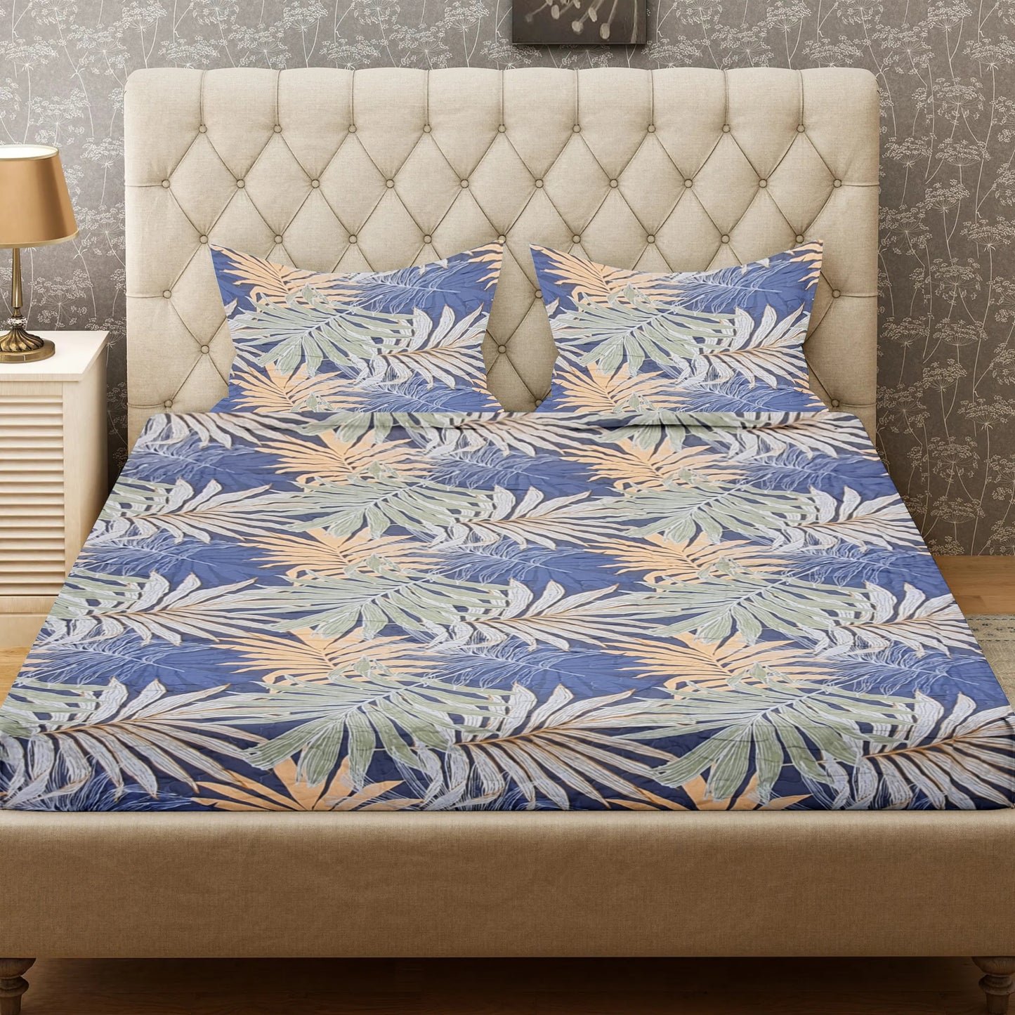 Fitted Bedsheet Set Pure Cotton 3 Piece set Thin Large Multi Colour Leaves on Blue