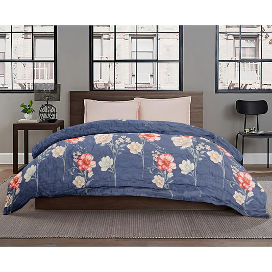 All Weather Quilted Comforter Set Soft and Plush Large Pink and White Floral on Navy Blue
