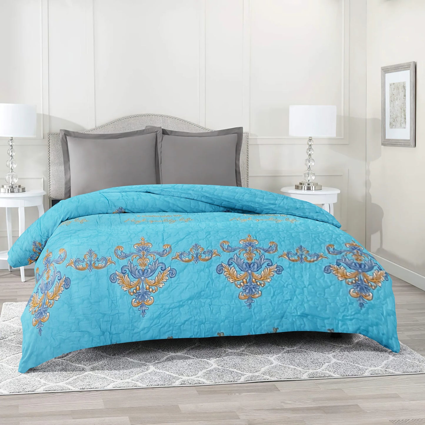 All Weather Quilted Comforter Set Soft and Plush Large Royal Crown Print on Sea Green