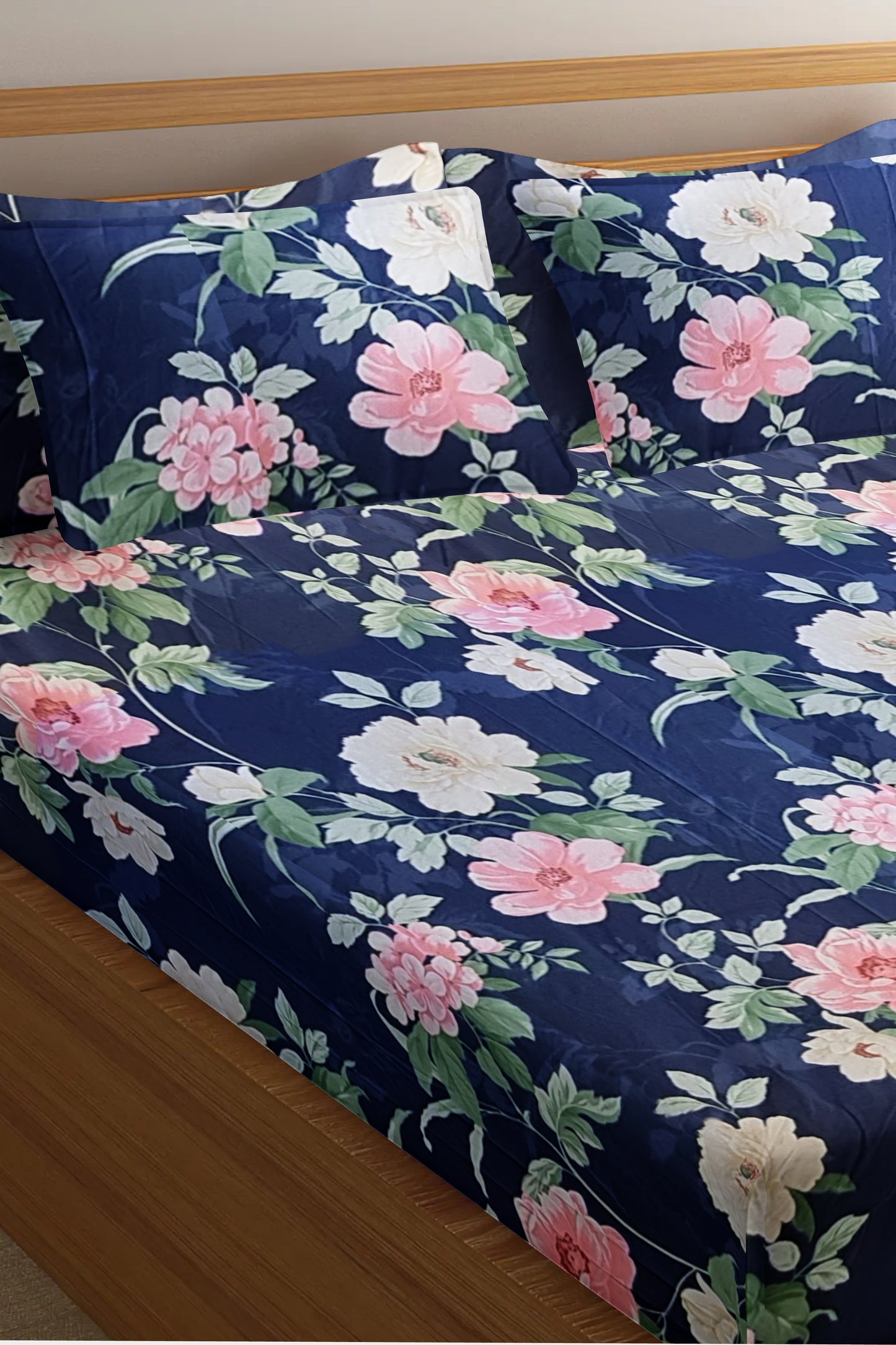 Fitted Bedsheet Set Pure Cotton 3 Piece set Large Pink and White Floral on Blue
