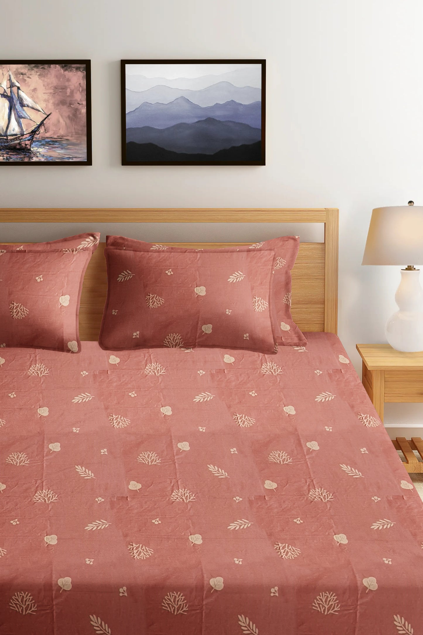 Fitted Bedsheet Set Pure Cotton 3 Piece set Small White leaves on Pink