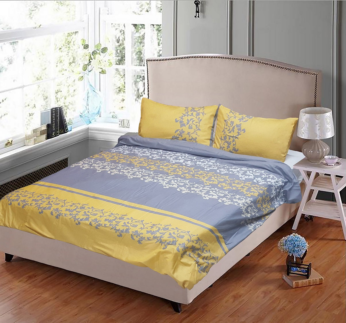 Duvet/Quilt Covers Soft Plush Pure Cotton Printed Floral on Royal Yellow and Grey