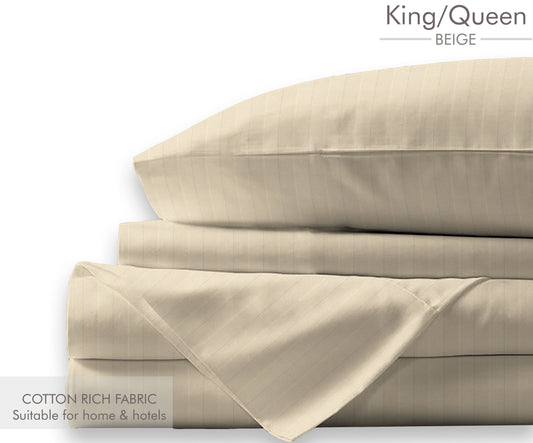 Bedsheet Set Pure Cotton Sateen 350 TC Stripe 1cm Beige Colour 4 Piece