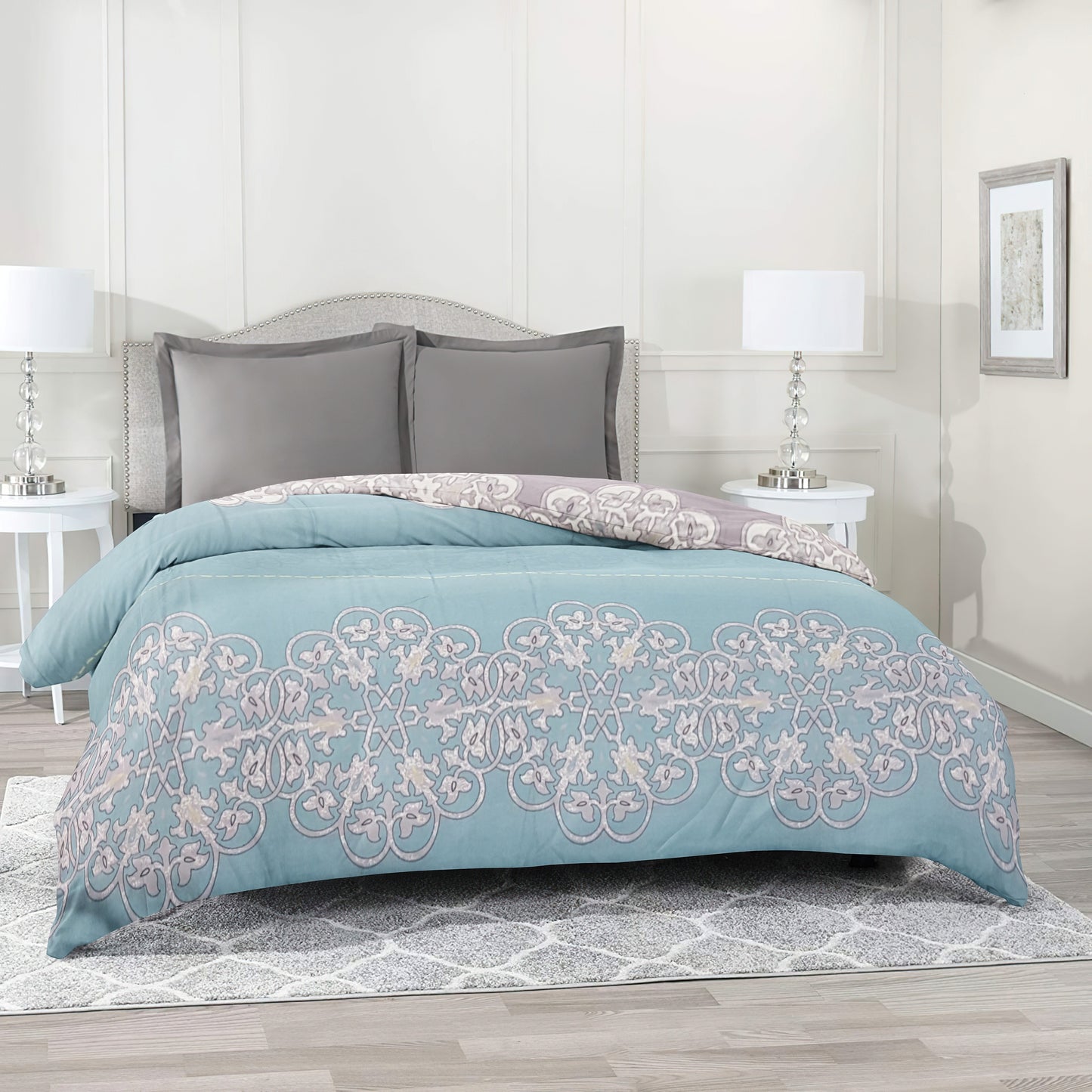 Duvet/Quilt Covers Soft Plush Pure Cotton Printed Royal Floral on Sea Green and Grey