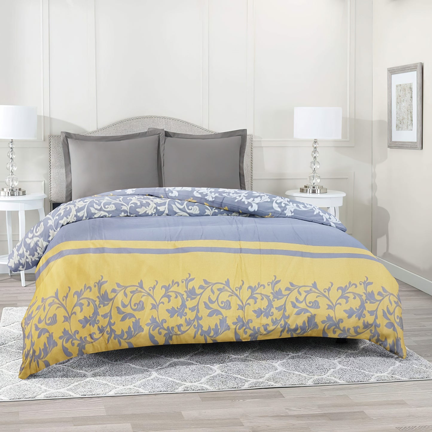 Duvet/Quilt Covers Soft Plush Pure Cotton Printed Floral on Royal Yellow and Grey