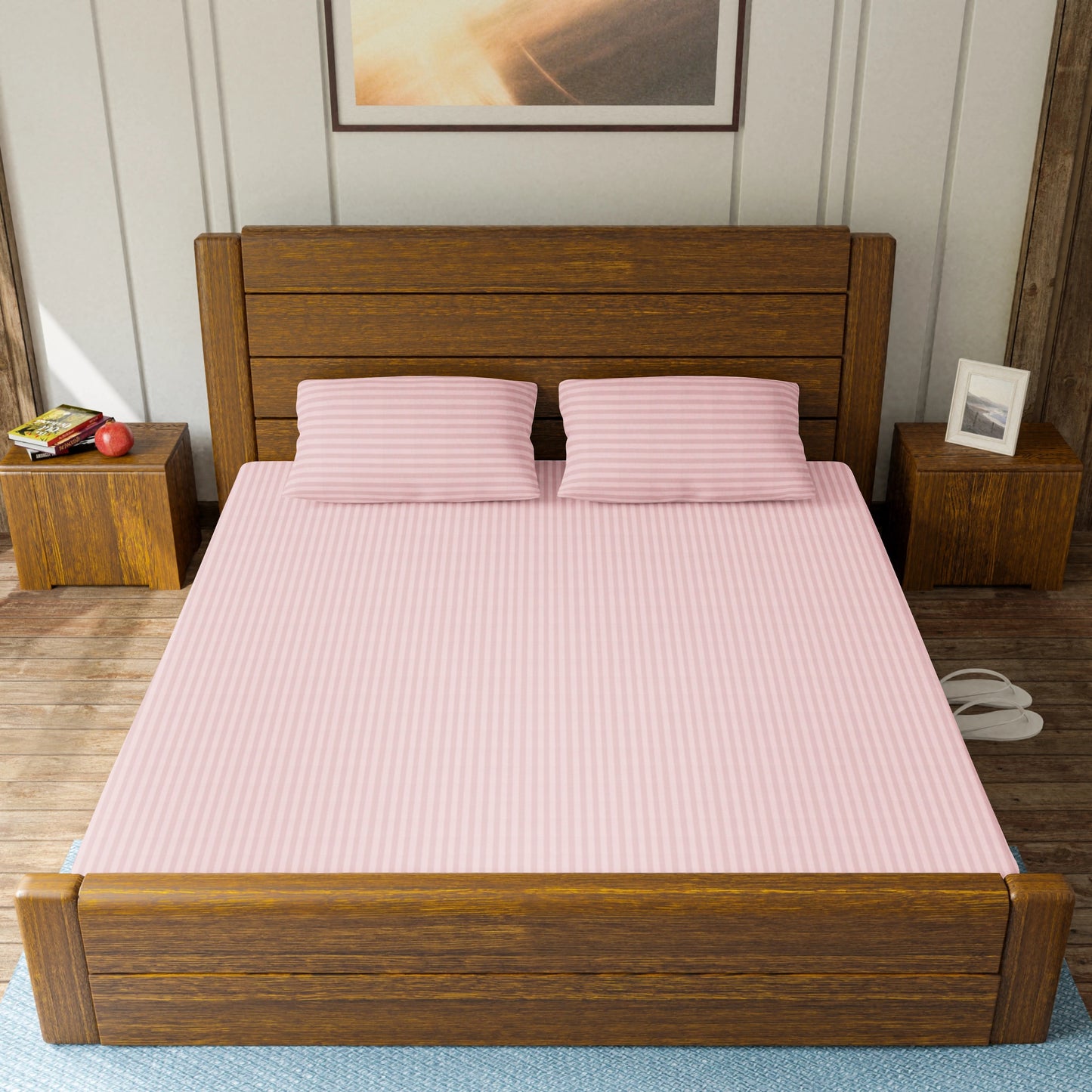 Bedsheet Set Pure Cotton 350 TC Sateen Stripe 1cm Light Pink Colour 4 Piece