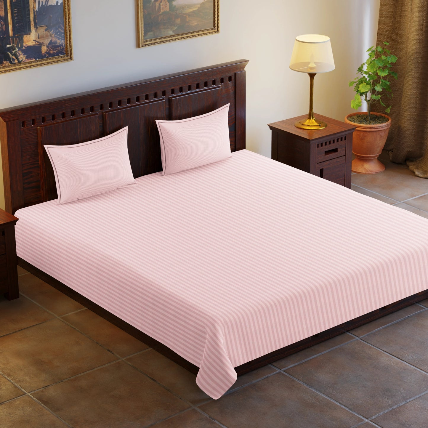 Bedsheet Set Pure Cotton 350 TC Sateen Stripe 1cm Light Pink Colour 4 Piece